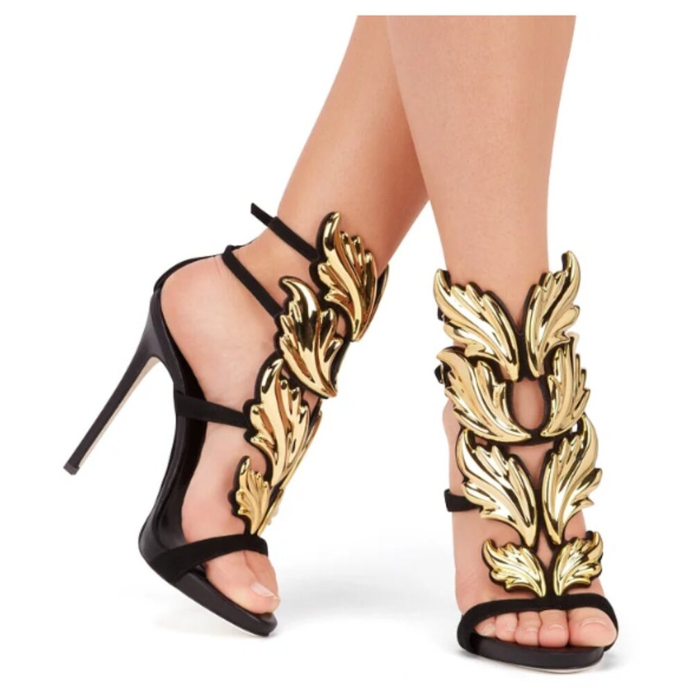 FSJ Black and Gold Evening Shoes Stiletto Heel Sandals Prom Shoes